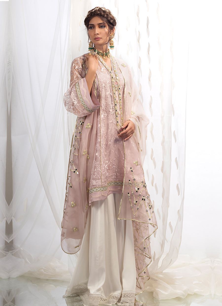 Mauve sheesh on chikankari shirt - Farah Talib Aziz