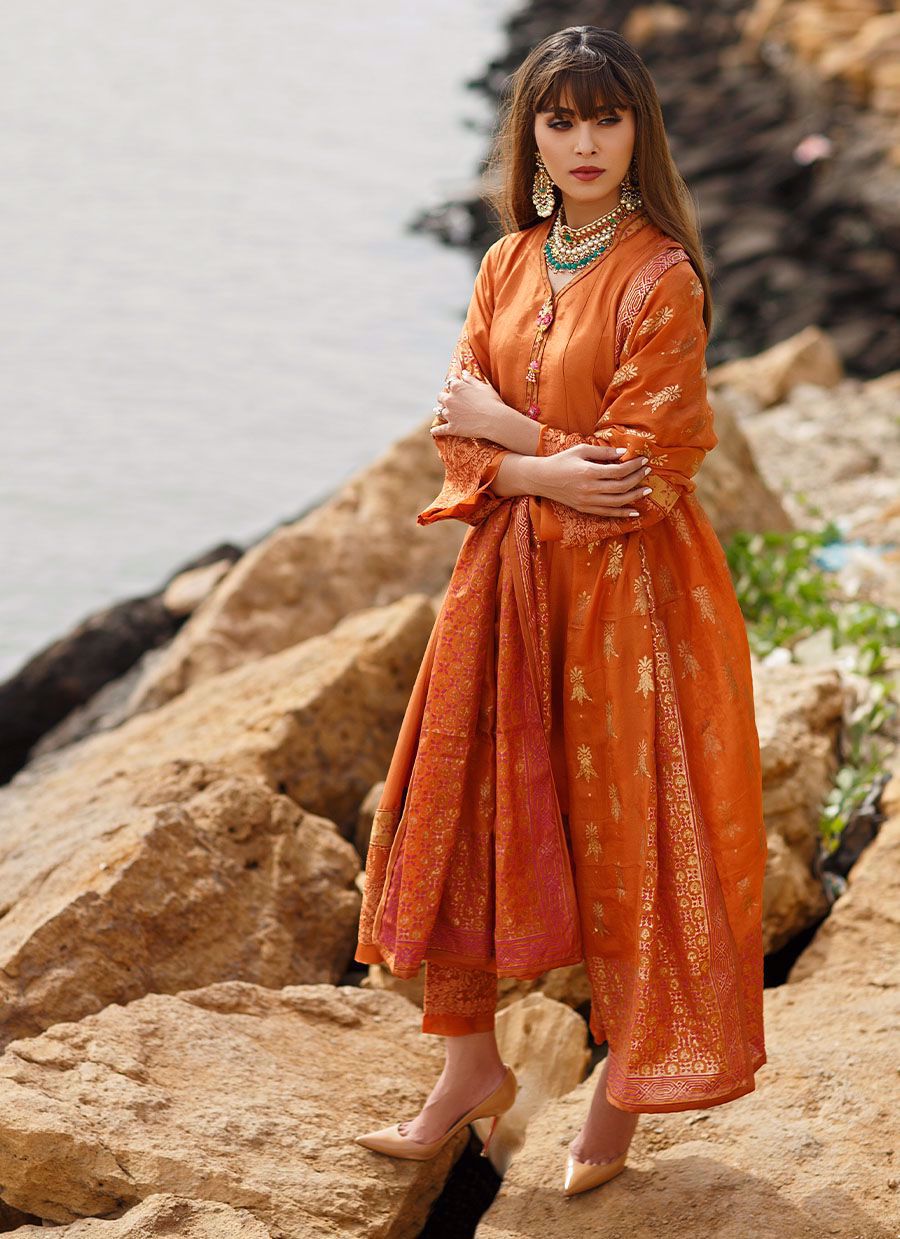Madras Orange Panelled shirt with dupatta - Farah Talib Aziz