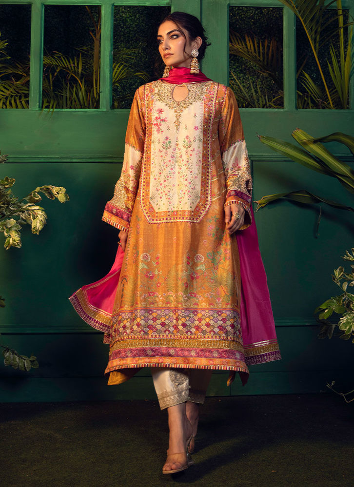 Roshan Printed Raw silk kurta with silk ombre dupatta - Farah Talib Aziz