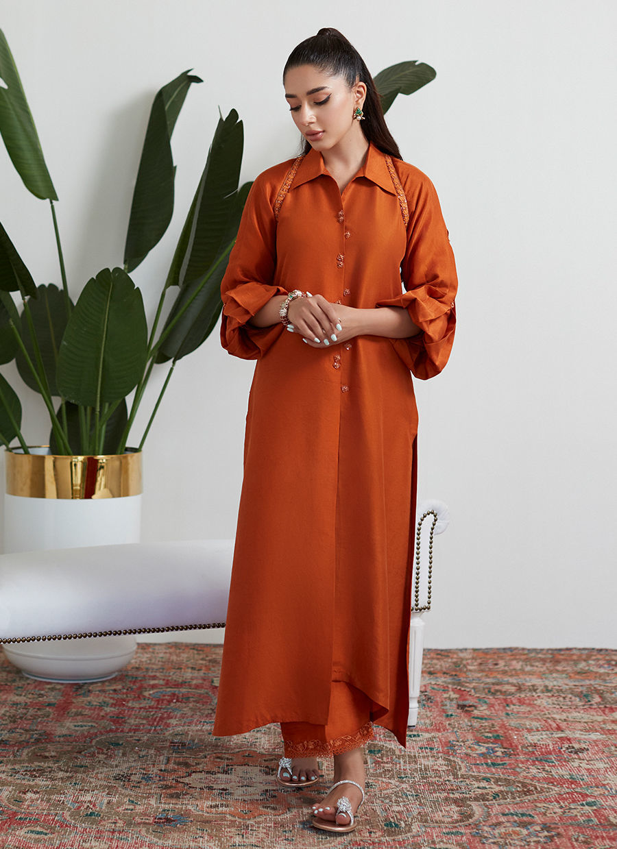 Plain Raw Silk Shirt in Orange (36) - Ucchal Fashion