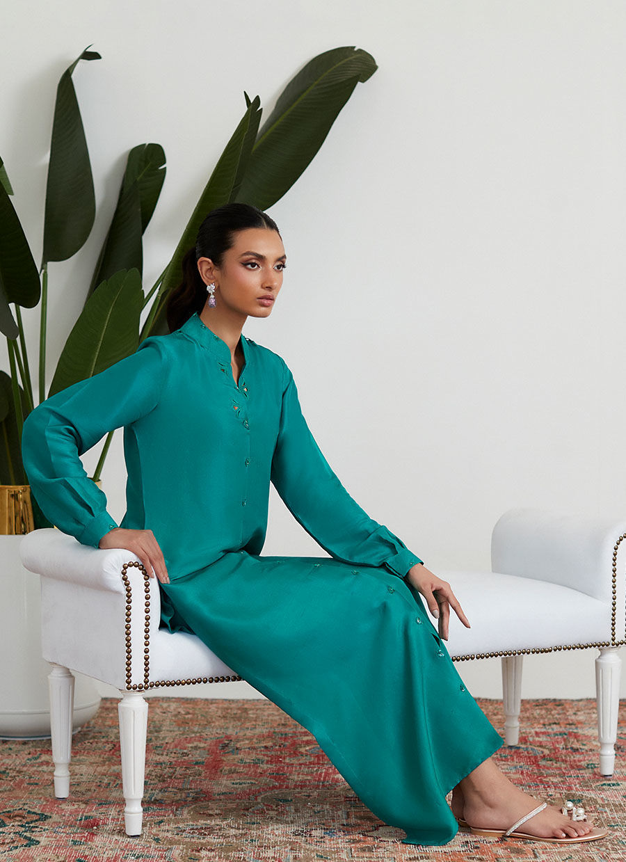 Farah Talib Aziz. Cadmium Green Raw Silk Shirt