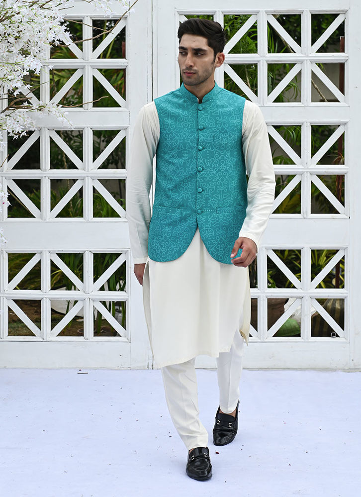 Blue kurta with hot sale black waistcoat