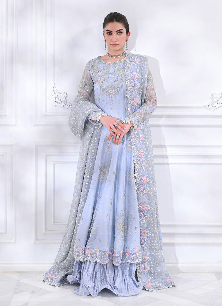Lavender & Blue Floral Chiffon Maxi Dress With Net Jacket